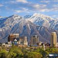 Skyline of downtown Salt Lake City with the Towering Wasatch Mountain range in the background